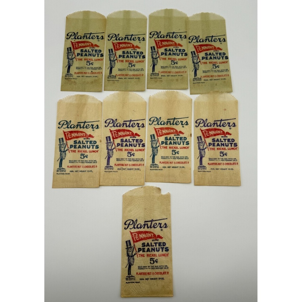 (9) Vintage Planters Mr Peanut Wax Bags Lot 1930s-50s (NOS)